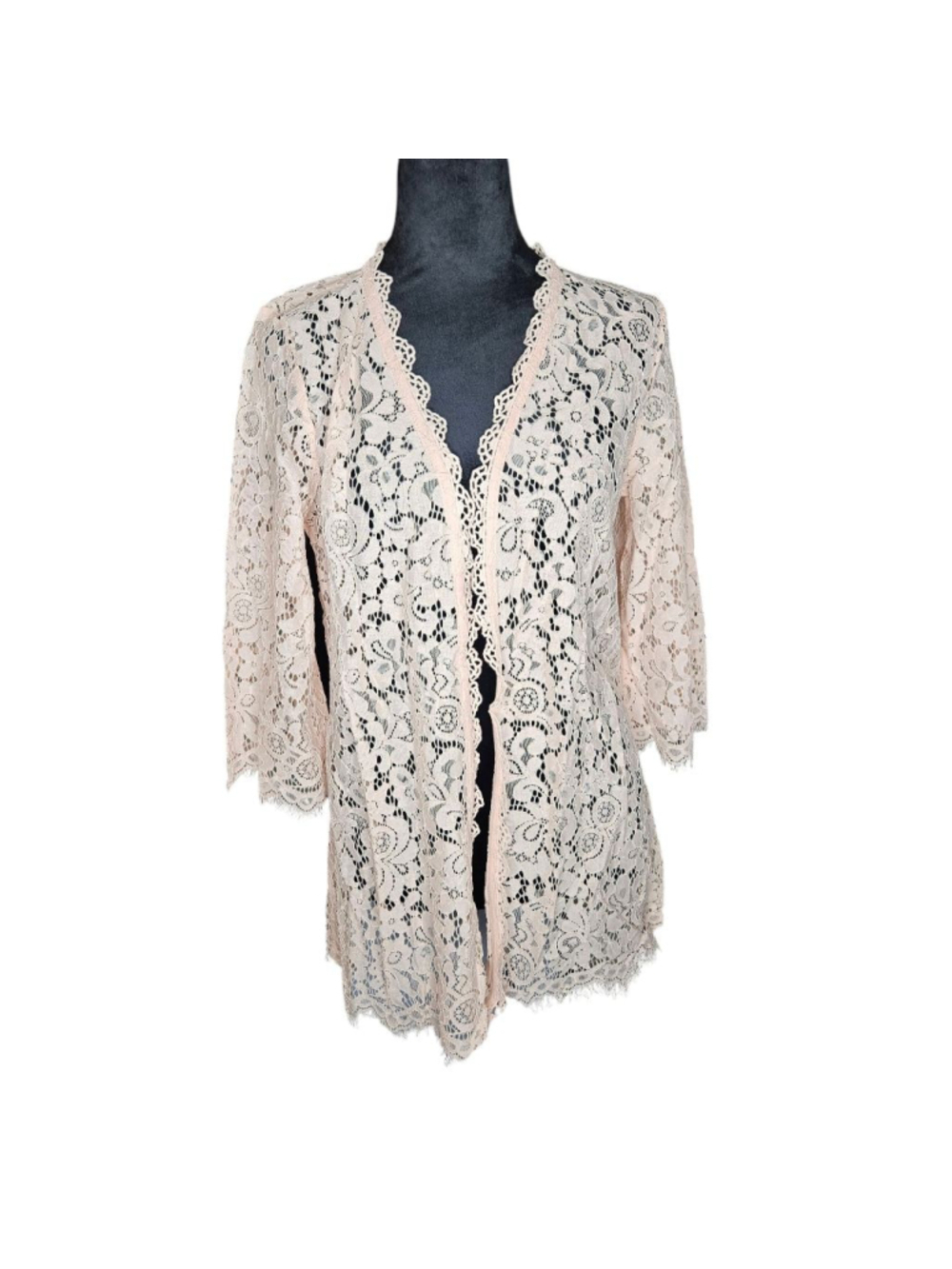 Isaac Mizrahi Live! XS Light Pink Lace 3/4 Sleeve Floral Lace Cardigan - Picture 3 of 9